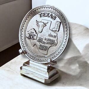 Vintage Miniature Pewter Plate Texas Themed Longhorn Alamo Relief Collectible